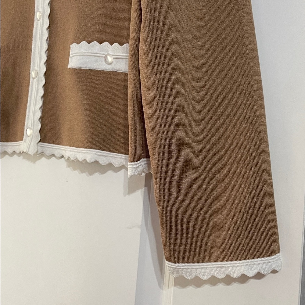 NVLT x Anthropologie Scallop Trim V Neck Cardigan Women's Size XL Camel NWOT - Picture 4 of 9
